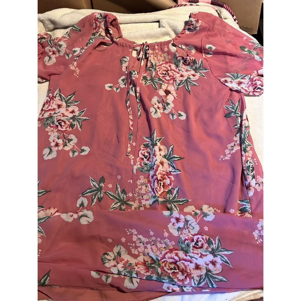 New York & Company Women XL Pink‎ Floral Puff Sleeve Chiffon Dress Cottagecore